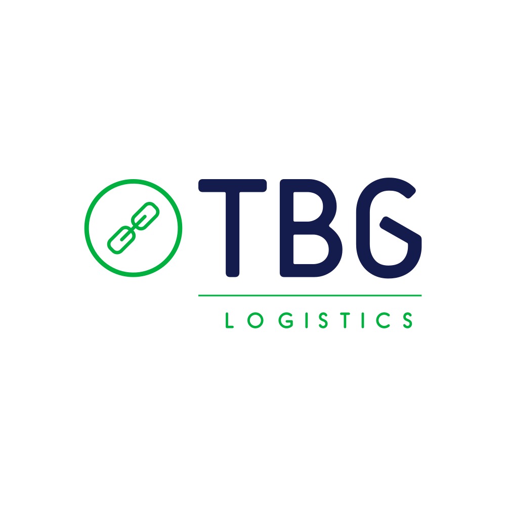 Logo firmy TBG Logistics z zielonym symbolem łańcucha w okręgu po lewej i granatowym napisem TBG nad słowem LOGISTICS.