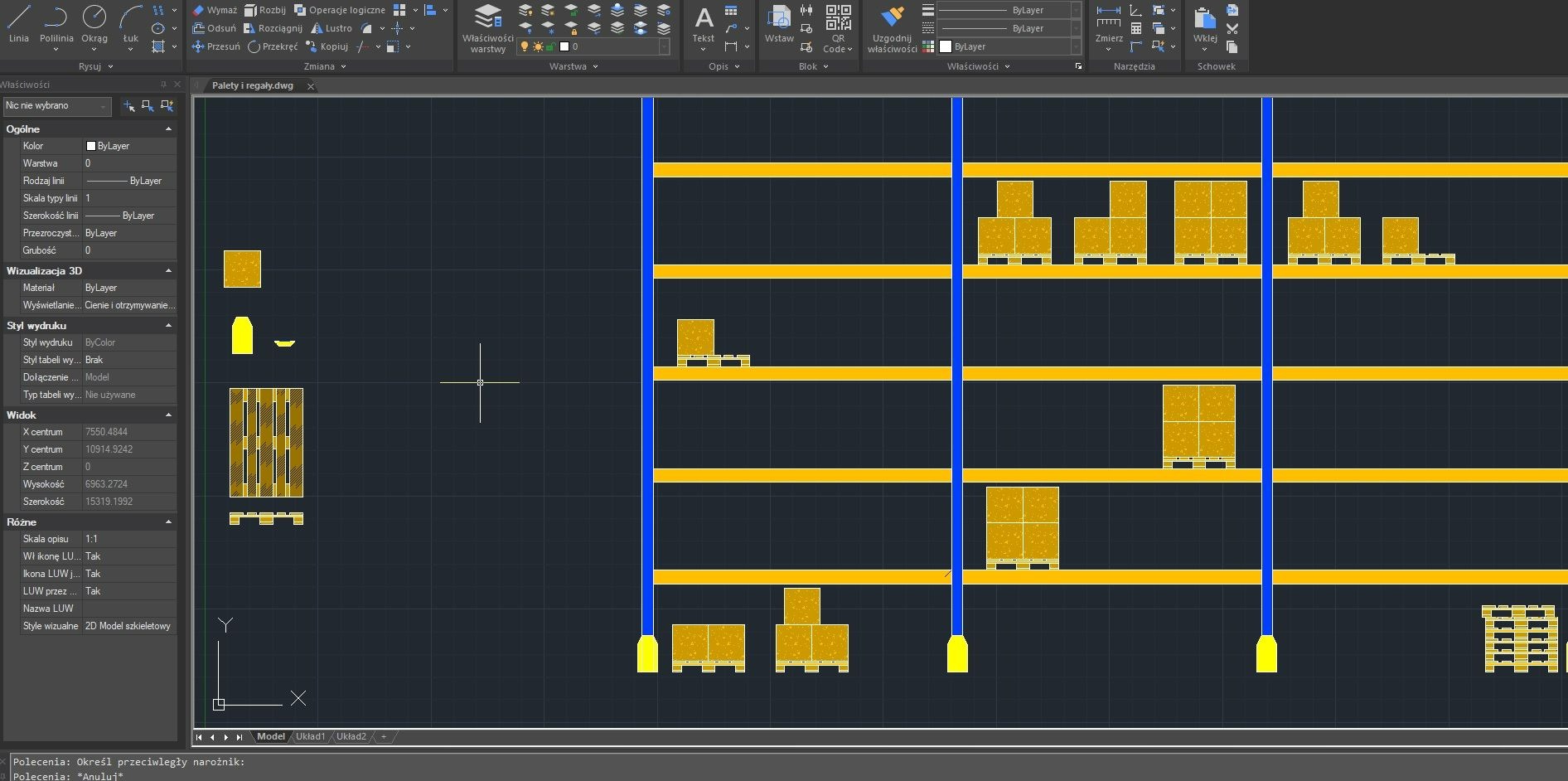 Schemat regałów magazynowych z paletami w programie CAD, widok 2D szkieletowy, prezentujący układ i rozmieszczenie towarów na różnych poziomach.