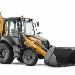 Nowa, żółto-czarna koparko-ładowarka Case 580ST, widok z przodu, na białym tle.