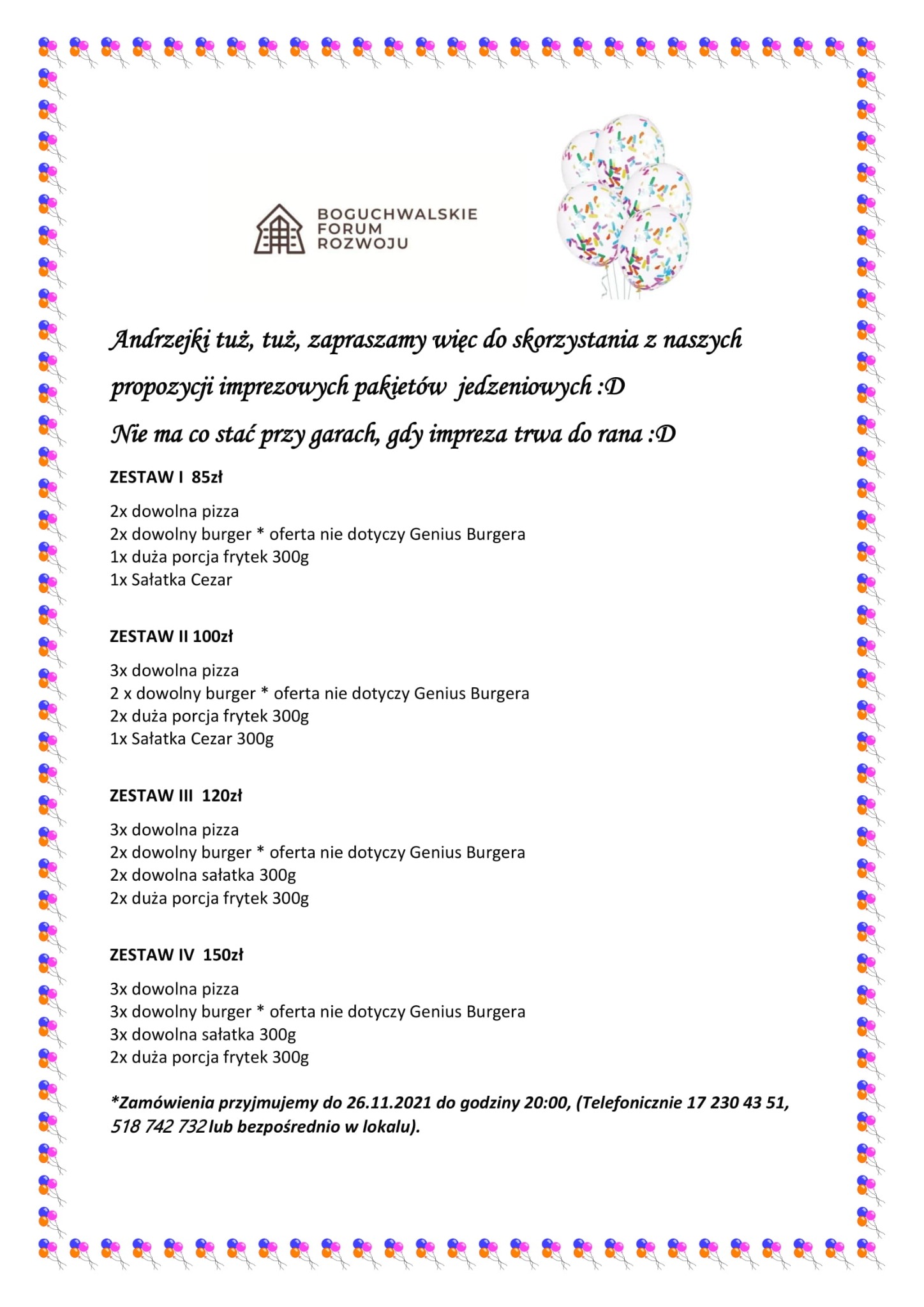 Plakat reklamowy z ofertą pakietów jedzeniowych na imprezy, zawierający logo Boguchwalskiego Forum Rozwoju, ilustrację balonów i szczegółowe informacje o zestawach z pizzą, burgerami, frytkami...