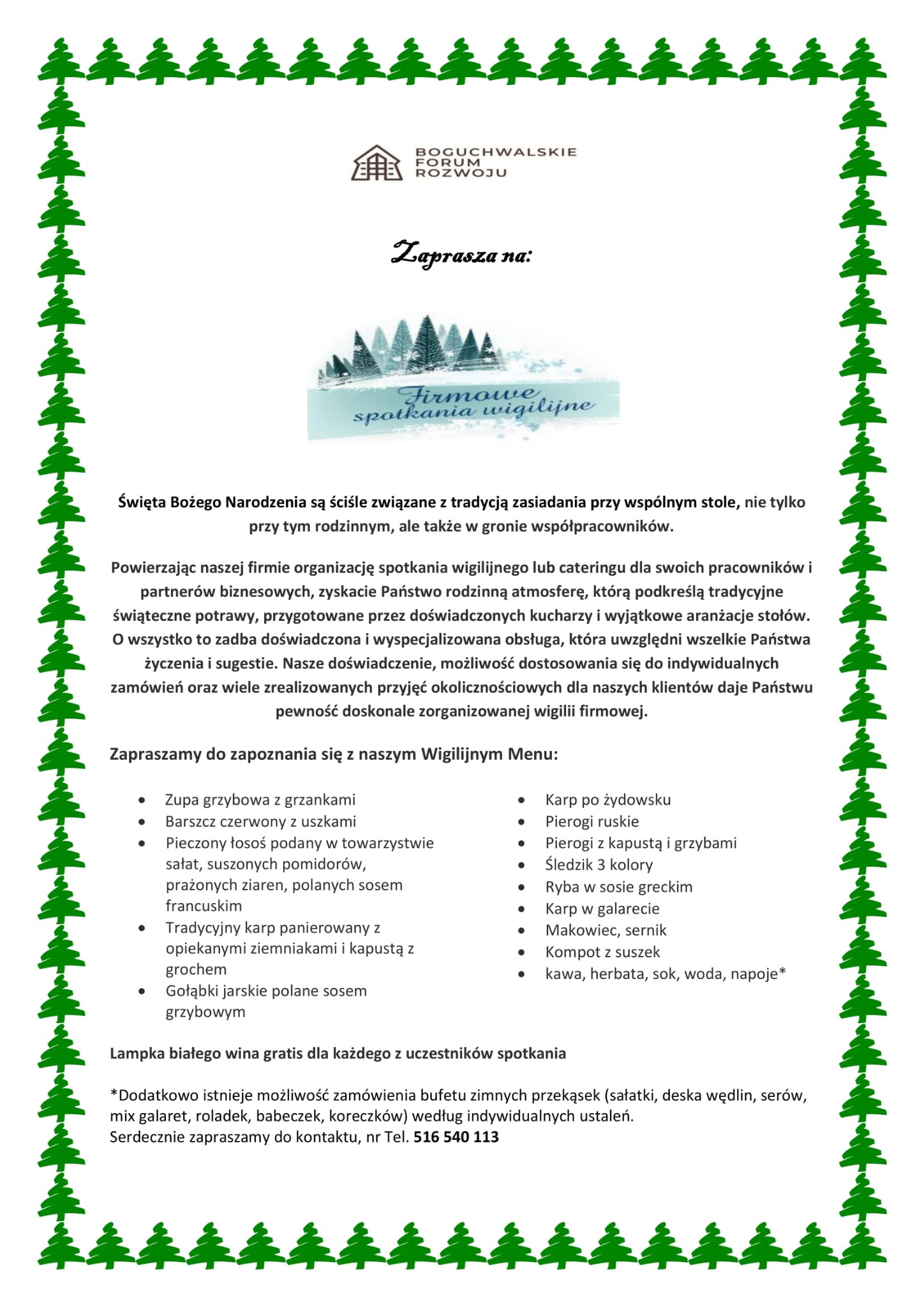 Plakat reklamowy z ofertą wigilijnego cateringu dla firm, z menu zawierającym zupę grzybową, barszcz czerwony, łososia, karpia, pierogi, śledzia, rybę po grecku, karpia w galarecie, makowiec...