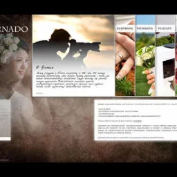 Strona internetowa studia filmowego z wizerunkiem panny młodej i fotografa w tle, prezentująca ofertę filmowania i fotografii ślubnej.