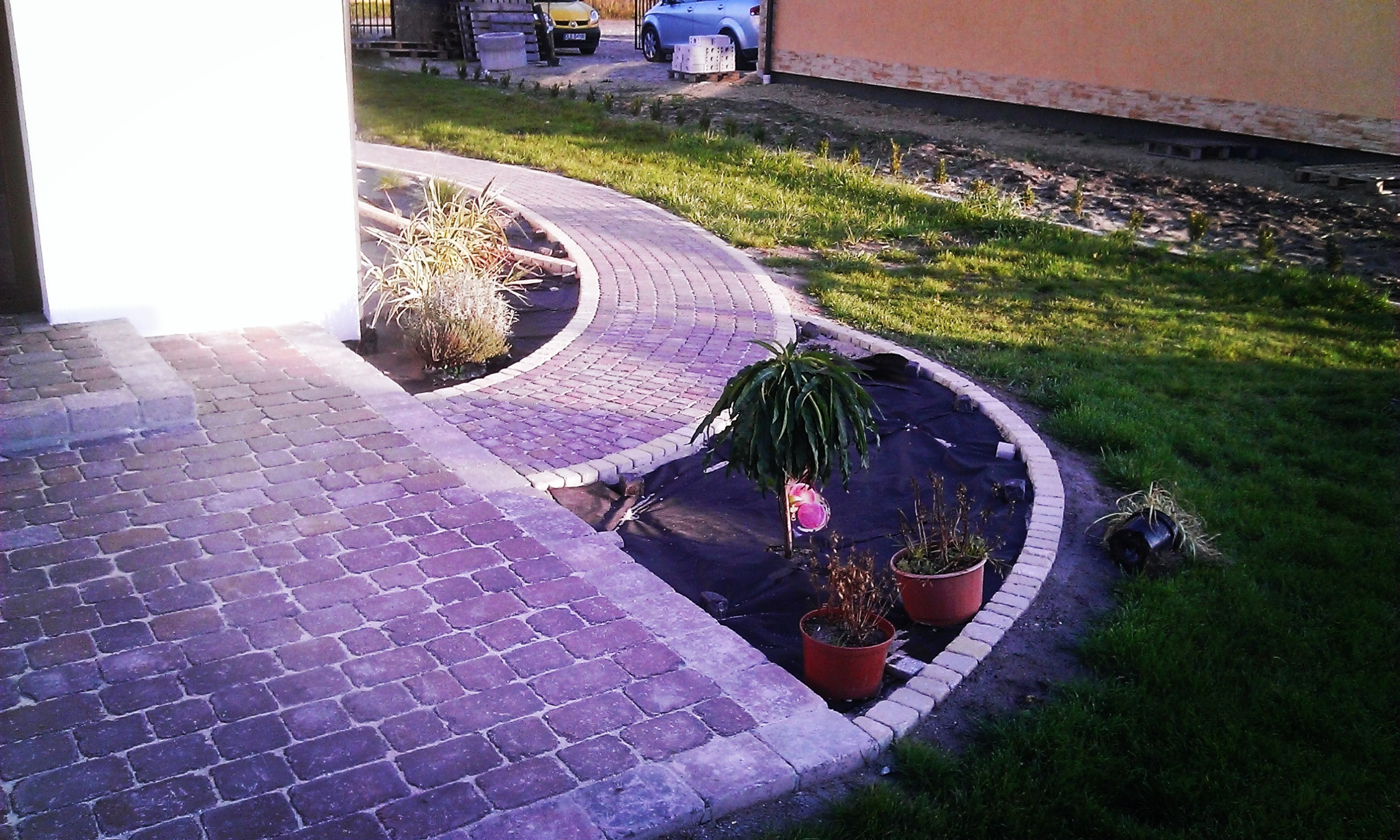 Zakrzywiony chodnik z kostki brukowej w odcieniach fioletu i szarości, obrzeża z jasnej kostki, rabata z czarną agrowłókniną, trawnik, dom w tle.