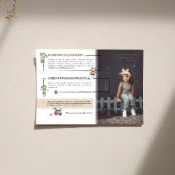 Projekt ulotki reklamowej firmy z Leśnicy, promującej odzież dziecięcą, z rysunkami i zdjęciem dziewczynki w ubraniach marki.