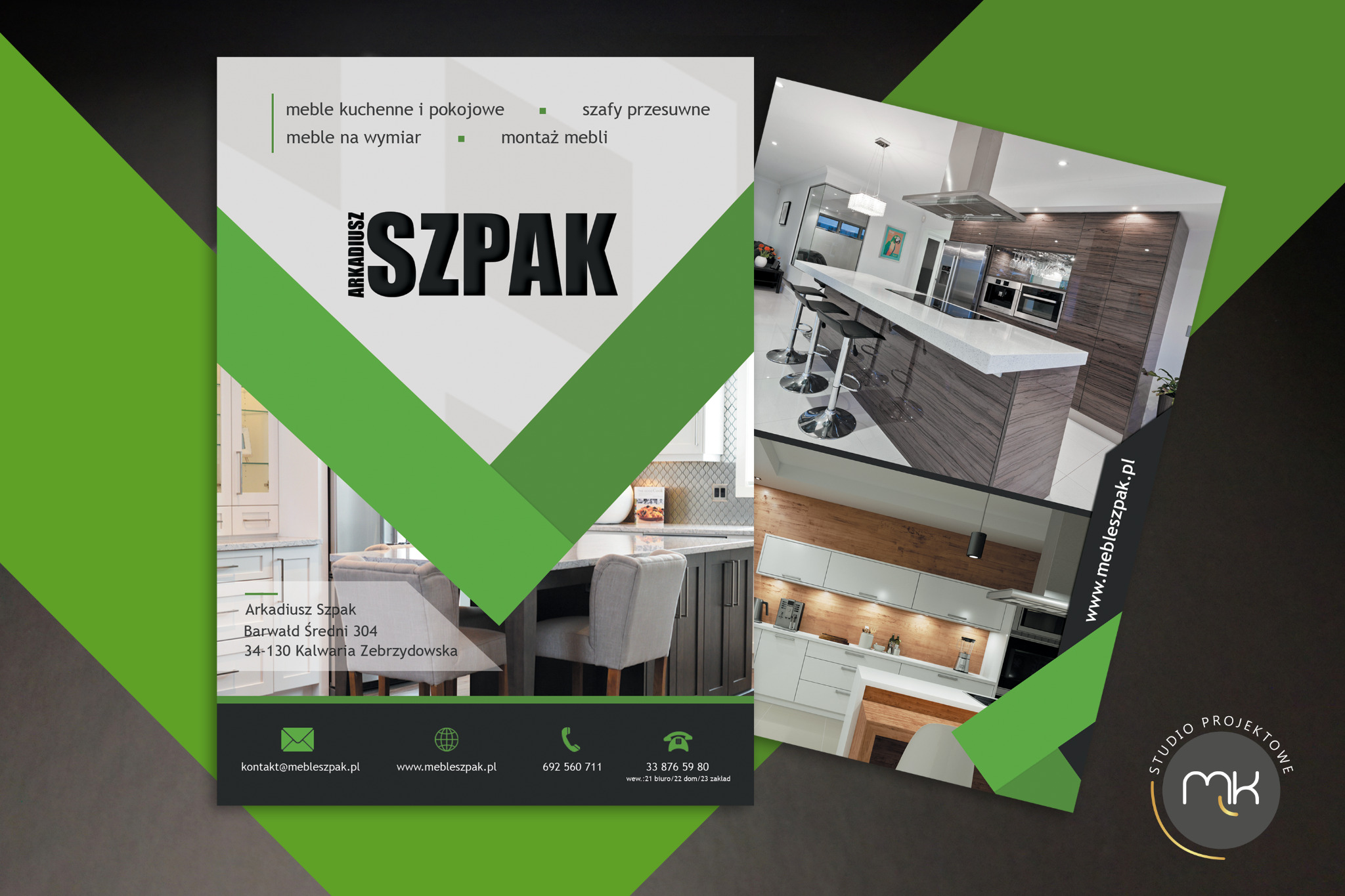 Projekt graficzny ulotki reklamowej firmy meblowej Arkadiusz Szpak, prezentujący zdjęcia nowoczesnych kuchni i informacje kontaktowe.