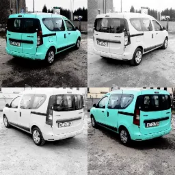 Dacia Dokker po oklejeniu folią w kolorze turkusowym, zestawiona z wersją białą przed modyfikacją, widok z tyłu na zewnątrz.