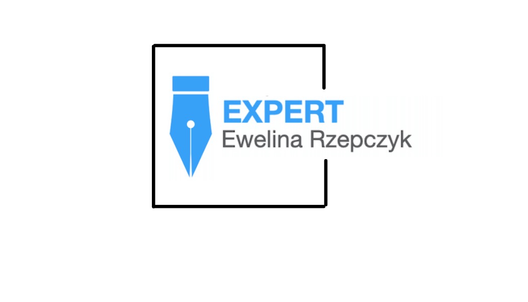 Logo firmy z niebieskim symbolem pióra i napisem 'EXPERT Ewelina Rzepczyk' w czarnej ramce.