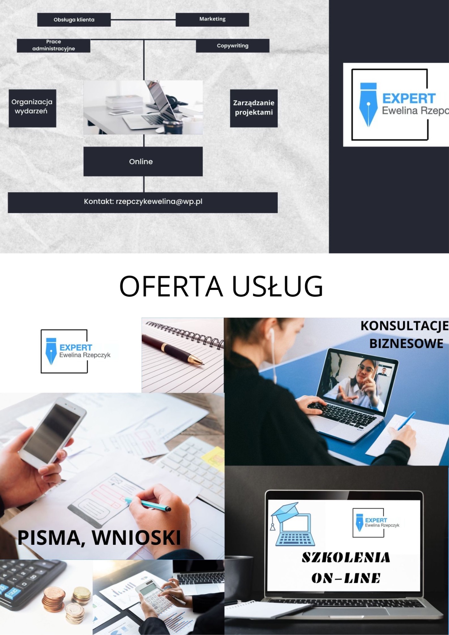 Kompozycja zdjęć prezentująca ofertę usług: diagram z kategoriami usług online, konsultacje biznesowe na laptopie, pisma i wnioski, szkolenia online z logo firmy.