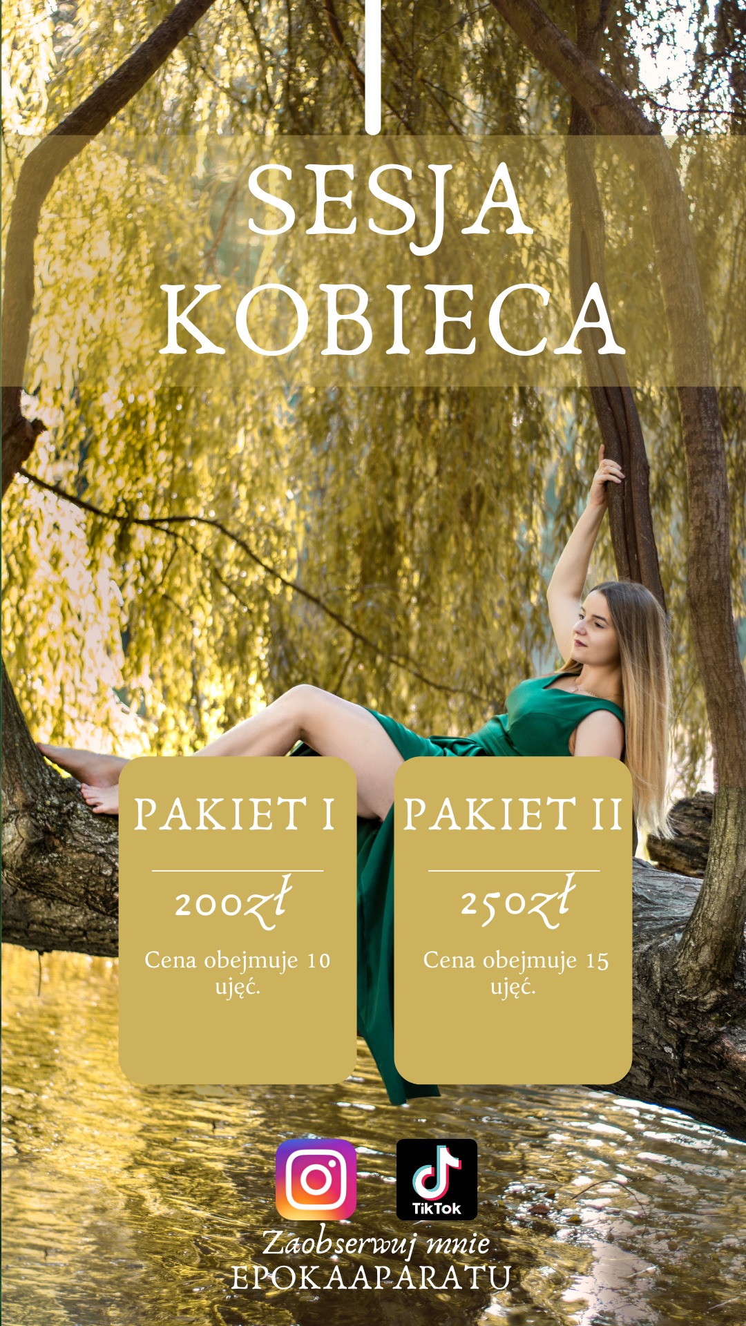 Zdjęcie promocyjne z Gdańska: Kobieta w zielonej sukience pozuje na gałęzi drzewa na tle rozmytego, złocistego tła. Nakładka graficzna z ofertą pakietów sesji zdjęciowych.