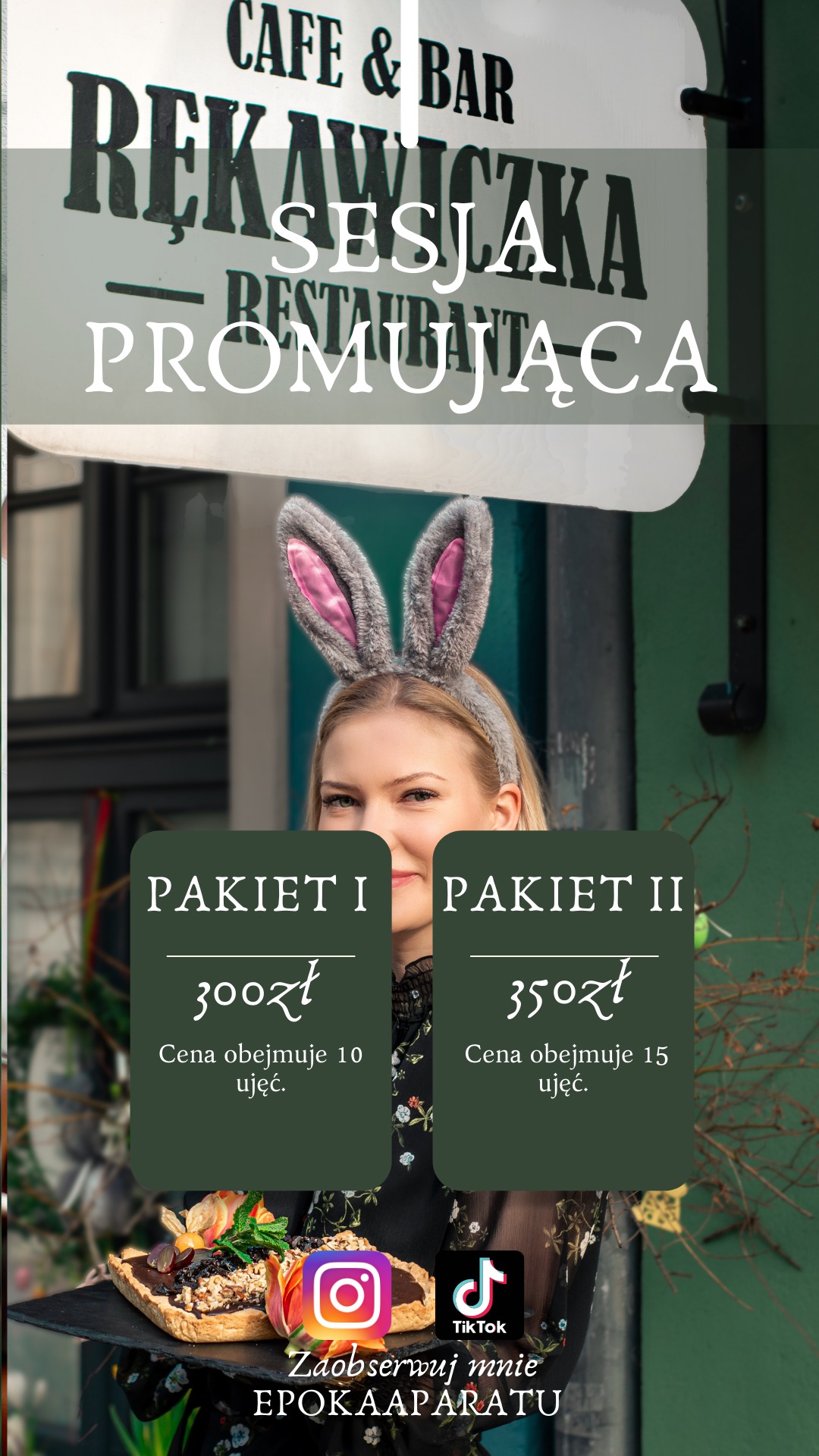 Promocyjna grafika z blondynką w uszach królika, prezentująca pakiety sesji fotograficznej w restauracji Rękawiczka, z cenami i informacją o liczbie ujęć, oraz deserem na tacy i ikonami Instagrama...