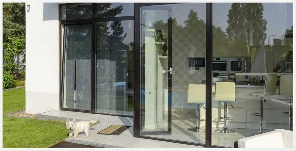 Nowoczesne, przesuwne drzwi tarasowe z ciemnymi ramami, widok na wnętrze domu i ogród, z białym psem rasy West Highland White Terrier stojącym na zewnątrz.