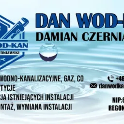 Wizytówka firmy DAN WOD-KAN Damian Czerniawski oferującej instalacje wodno-kanalizacyjne, gazowe i CO, nowe inwestycje, modernizacje i wymiany instalacji; zawiera numer telefonu, adres e-mail, NIP...