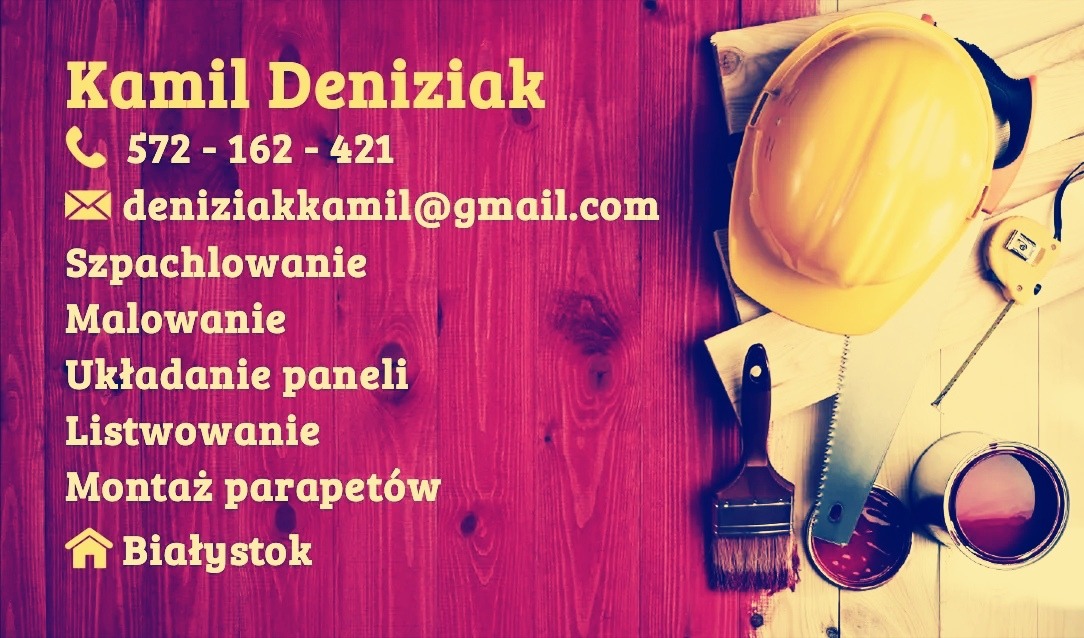 Wizytówka firmy z Białegostoku oferującej usługi remontowe, w tym malowanie, szpachlowanie i układanie paneli, z żółtym kaskiem, pędzlem, puszkami farb i piłą na drewnianym tle.