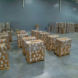 Logistic Space Sp zo.o. - Wnętrze magazynu z paletami kartonowych pudeł owiniętych folią, ustawionych w rzędach, widoczny wózek widłowy z prawej strony kadru.