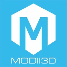 Biała litera M w heksagonie na błękitnym tle, poniżej napis 'MODII3D'.