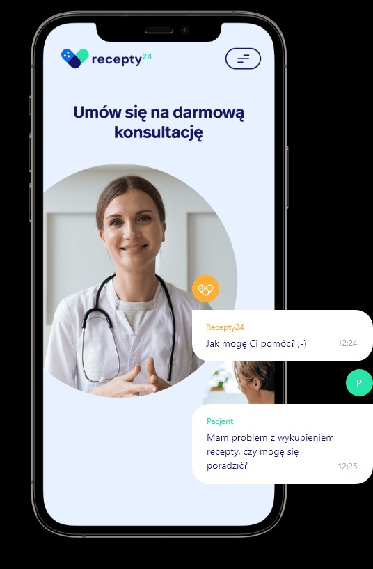 Ekran smartfona prezentujący aplikację do konsultacji medycznych online z uśmiechniętą lekarką w białym fartuchu i stetoskopem, oraz okno czatu z pytaniem pacjenta o problem z receptą.