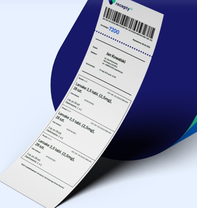 Elektroniczna recepta z wypisanym lekiem Laroake 2,5 mg, wydrukowana na białym papierze z logo recepty24 w rogu, na niebieskim tle.