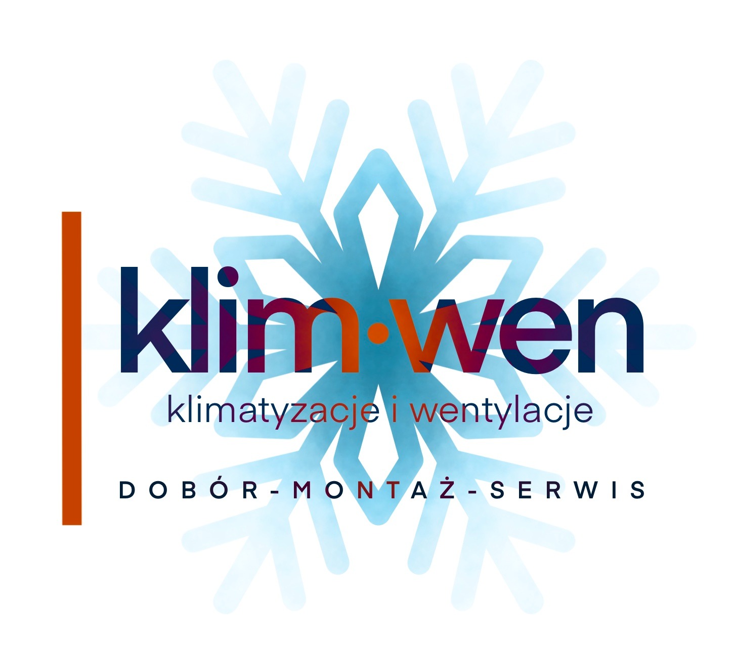 Logo firmy Klim-Wen z napisem klimatyzacje i wentylacje oraz hasłem Dobór-Montaż-Serwis, na tle stylizowanej, błękitnej śnieżynki.