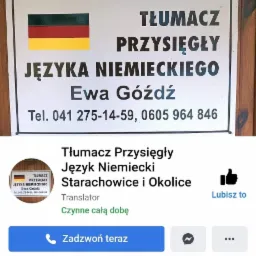 Tabliczka informacyjna z napisem 'Tłumacz Przysięgły Języka Niemieckiego Ewa Góźdź' z flagą Niemiec, oraz zrzut ekranu z profilu na Facebooku tego tłumacza.