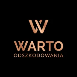 Logo firmy 'WARTO ODSZKODOWANIA' w kolorze miedzianym na czarnym tle.