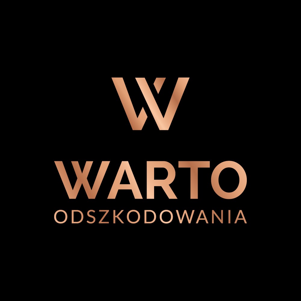 Logo firmy 'WARTO ODSZKODOWANIA' w kolorze miedzianym na czarnym tle.