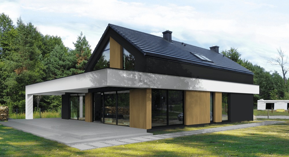 Nowoczesny dom jednorodzinny z czarną elewacją, białym pasem i drewnianymi akcentami, otoczony zielenią. Widoczny taras i zadaszenie.
