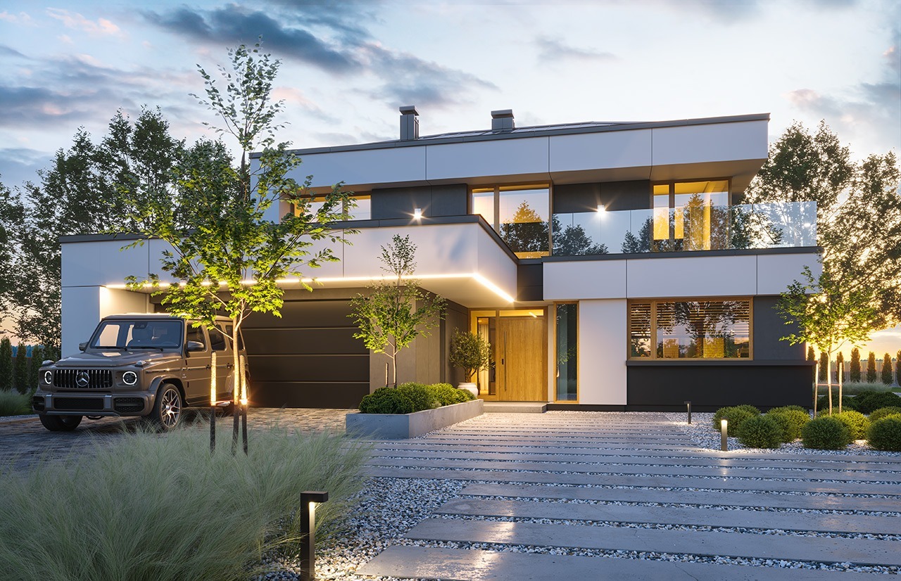 Nowoczesny dom dwupiętrowy z płaskim dachem, oświetleniem LED i szarym SUV-em zaparkowanym przed garażem. Minimalistyczny ogród z kamienną ścieżką.