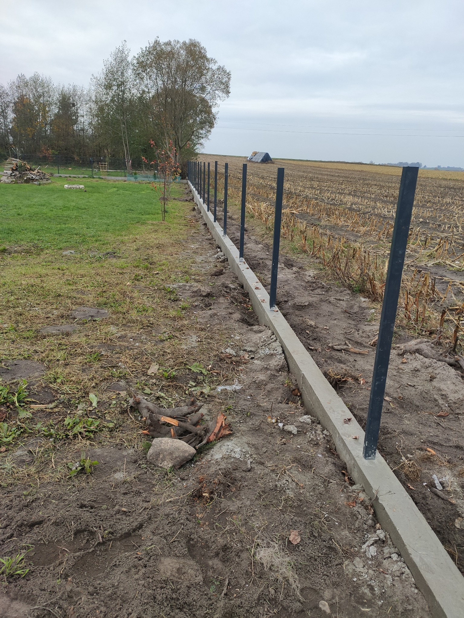Betonowa podmurówka z zamontowanymi, czarnymi słupkami ogrodzeniowymi, widok na pole i drzewa w tle, pochmurny dzień.