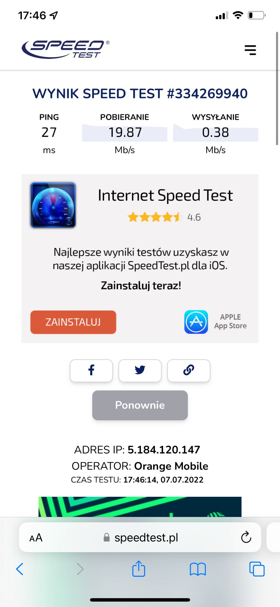 Wynik testu prędkości internetu na telefonie, wskazujący pobieranie 19.87 Mb/s i wysyłanie 0.38 Mb/s, z informacjami o adresie IP i operatorze Orange Mobile.