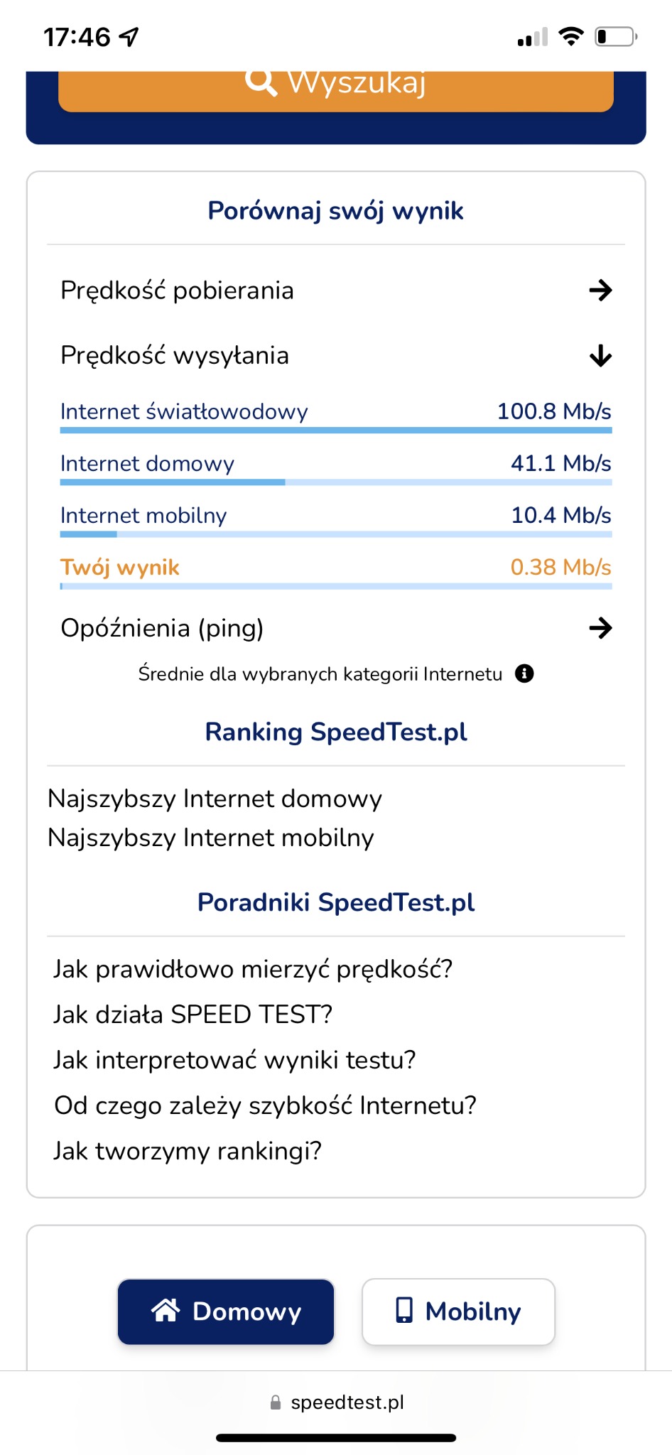 Wyniki testu prędkości Internetu na urządzeniu mobilnym, porównanie prędkości światłowodowej, domowej i mobilnej, z zaznaczoną kategorią 'Domowy'.