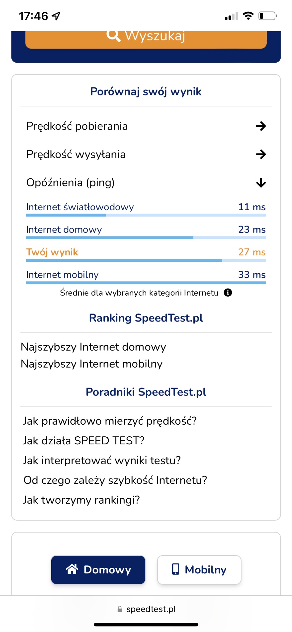 Wyniki testu prędkości internetu na smartfonie, porównanie internetu światłowodowego, domowego i mobilnego, aplikacja Speedtest.pl.