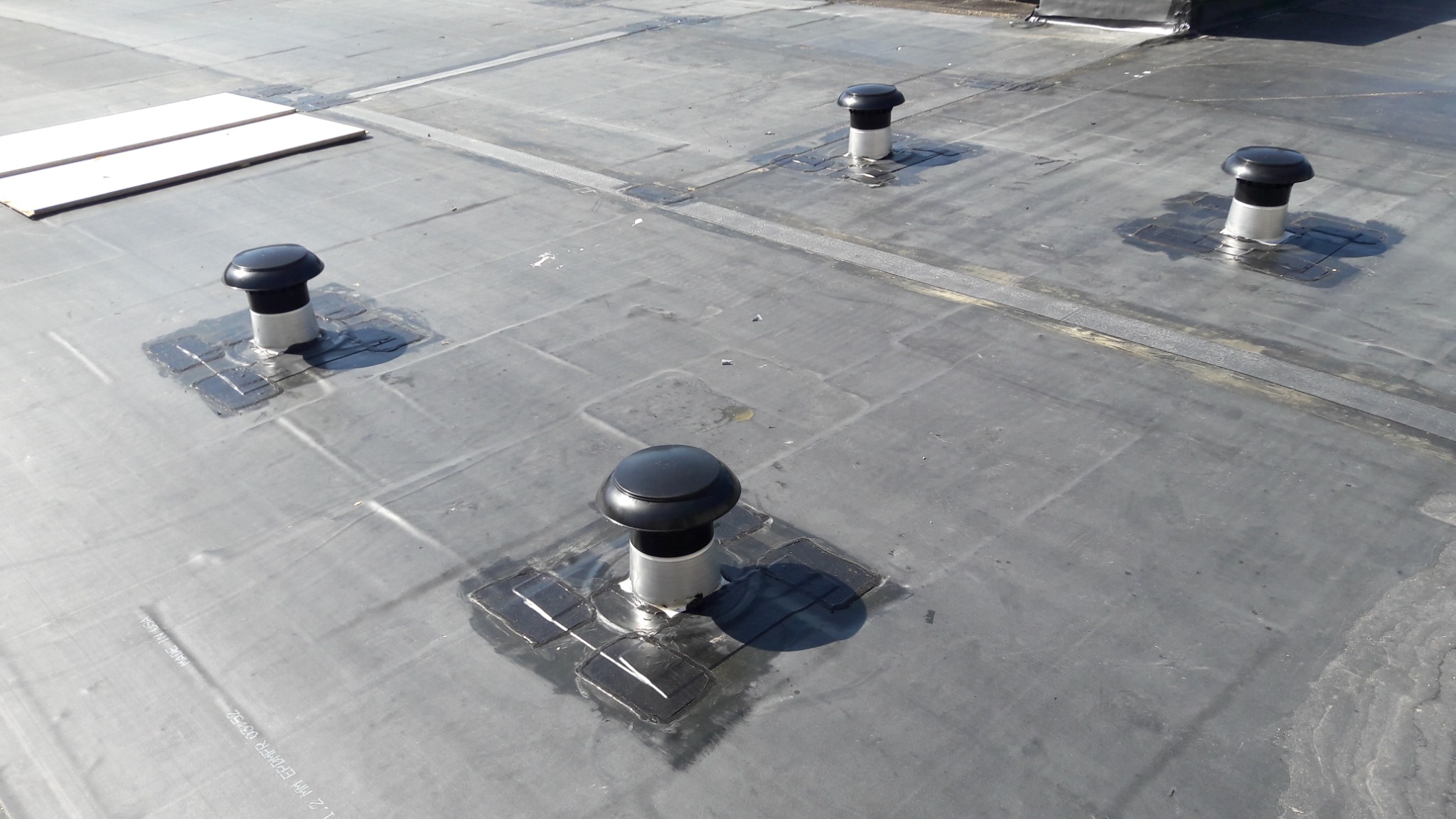 Płaski dach pokryty papą z czterema kominkami wentylacyjnymi, uszczelnionymi bitumiczną masą, widoczne łączenia papy.