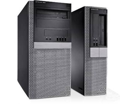 Dwa czarne komputery stacjonarne Dell Optiplex, jeden większy i jeden mniejszy, ustawione obok siebie na białym tle, widok z przodu.