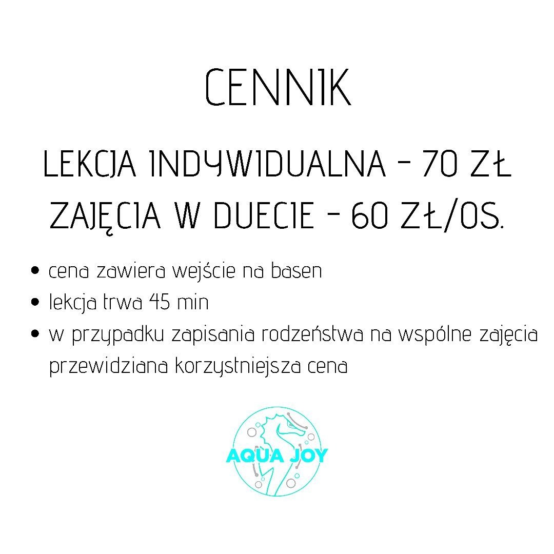 Cennik zajęć: lekcja indywidualna - 70 zł, zajęcia w duecie - 60 zł/os. Cena zawiera wejście na basen, lekcja trwa 45 min, z korzystniejszą ceną dla rodzeństwa zapisującego się na wspólne zajęcia...