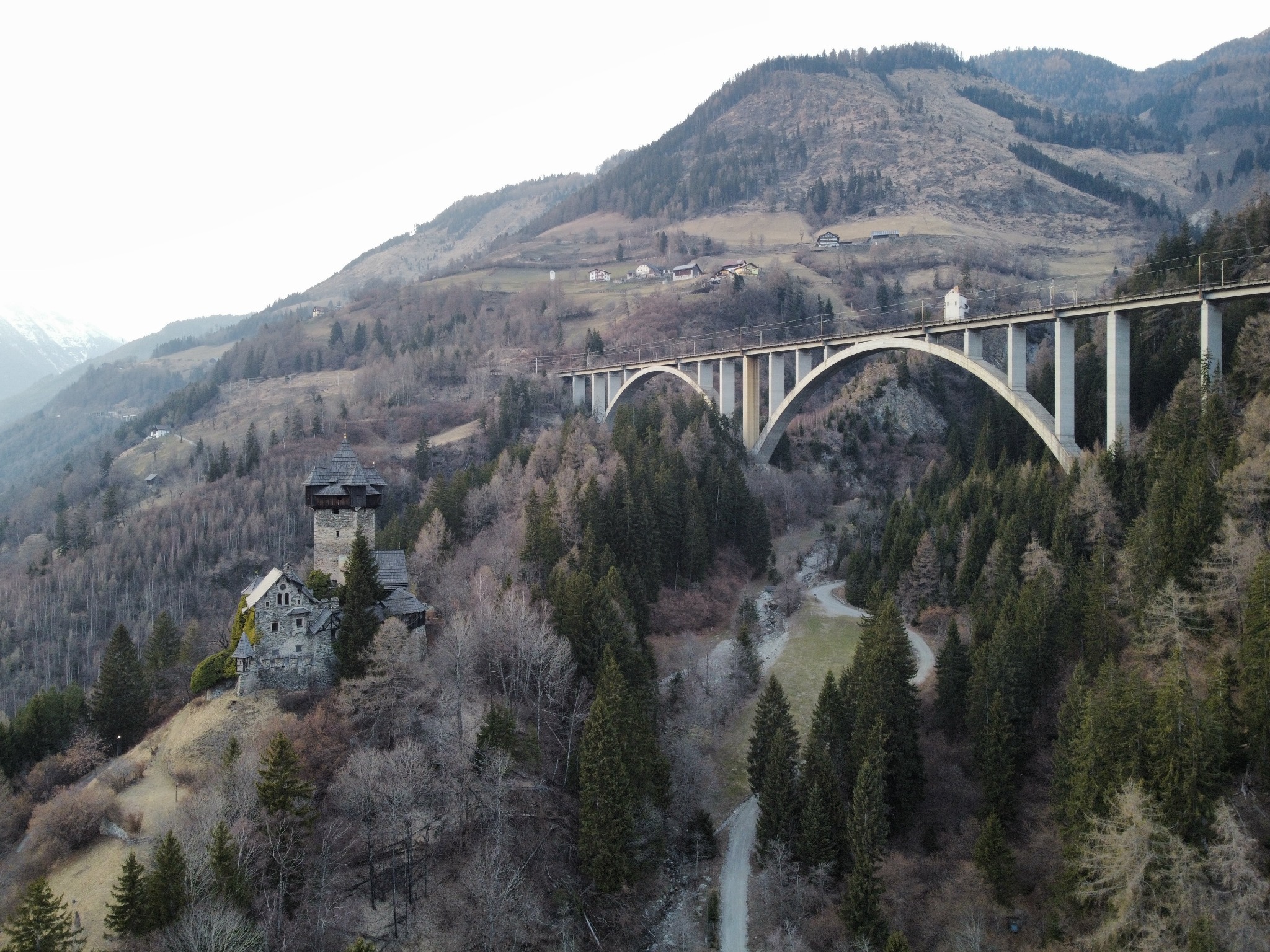 Pejzaż z średniowiecznym zamkiem na wzgórzu, lasem iglastym i betonowym wiaduktem kolejowym w tle gór.