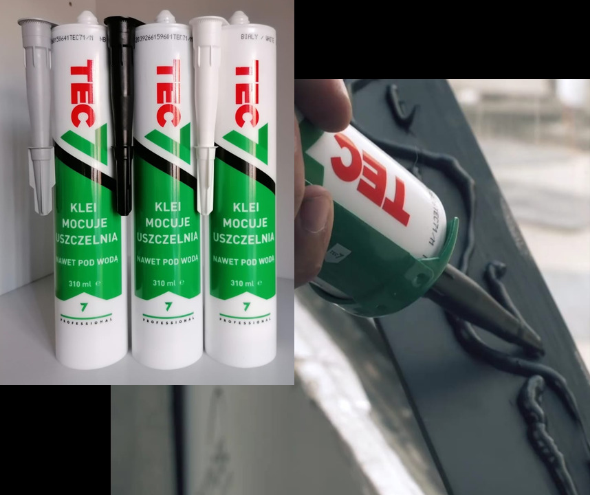 Aplikacja czarnego kleju uszczelniającego TEC7 na metalową konstrukcję, widoczne trzy tuby kleju w tle, jedna czarna i dwie białe.