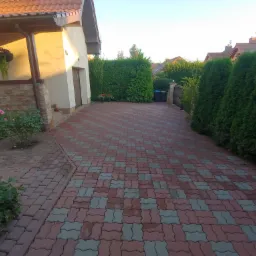 Szeroki podjazd do domu wyłożony czerwoną i szarą kostką brukową, otoczony zielonymi tujami i krzewami róż, z widocznym fragmentem elewacji domu w ciepłym odcieniu.