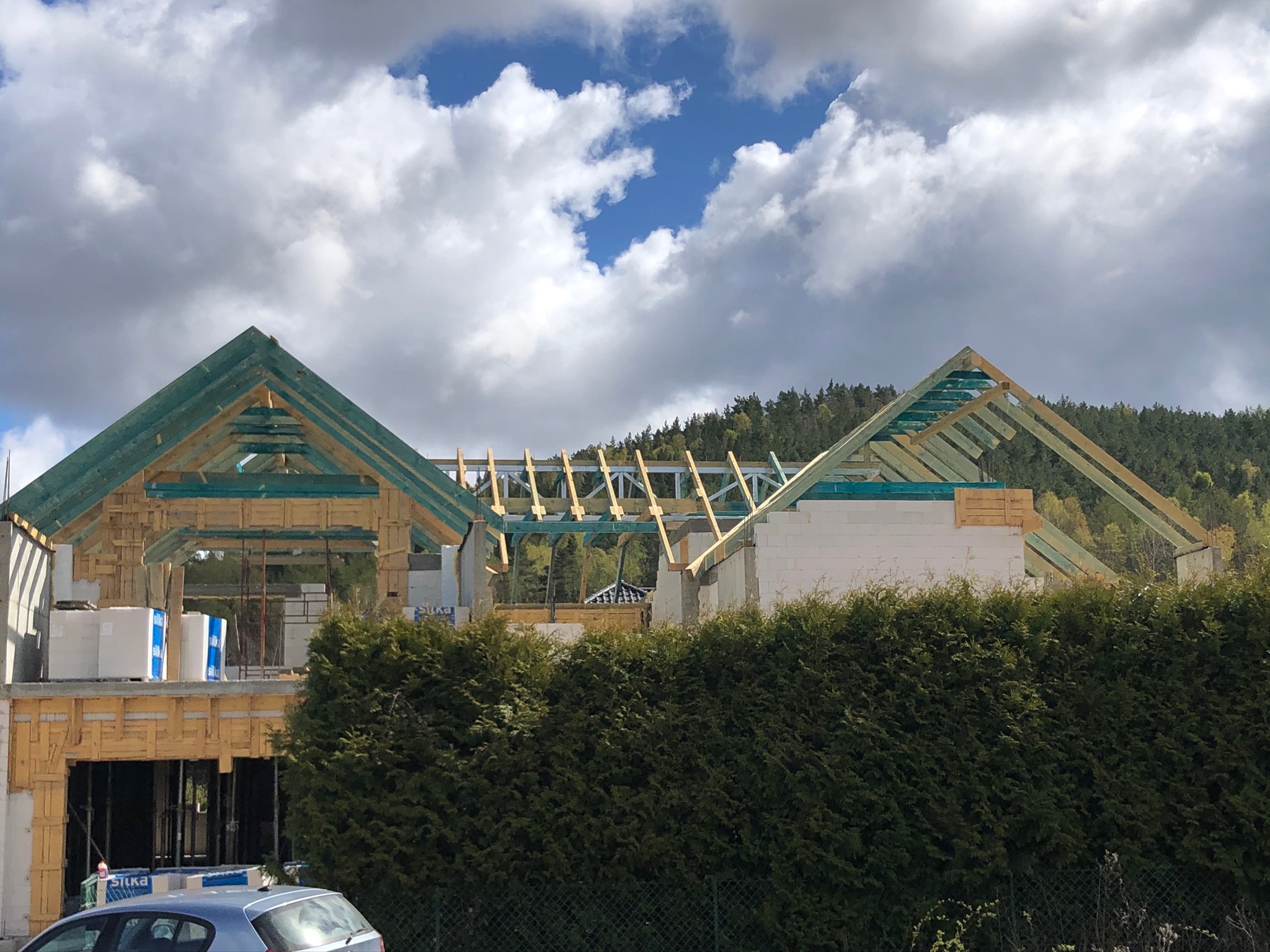 Wznoszenie konstrukcji domu z drewnianym szkieletem i elementami murowanymi, widok na dach z zieloną impregnacją, w tle las i pochmurne niebo.