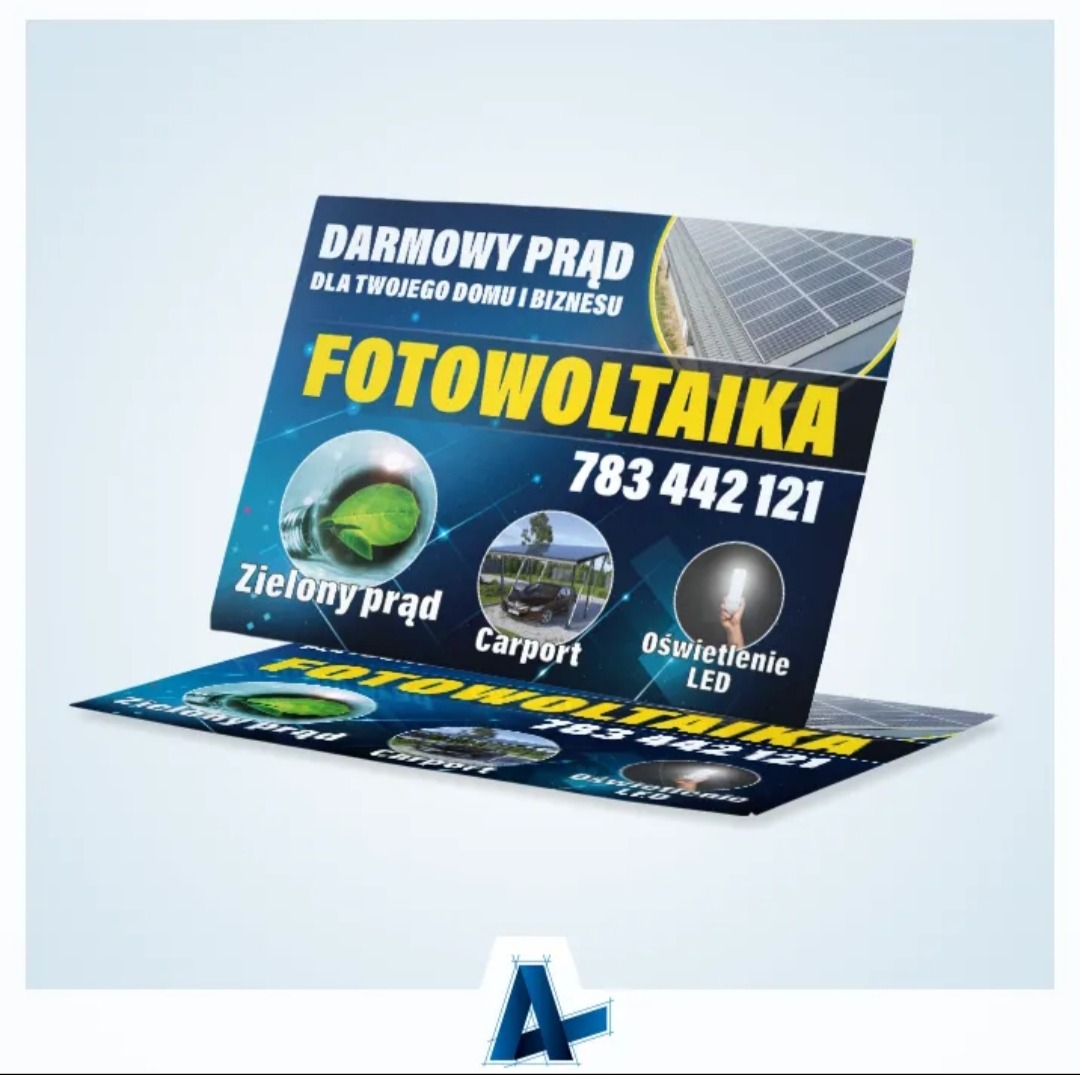 Ulotka reklamowa z hasłem 'Darmowy prąd dla Twojego domu i biznesu', numerem telefonu 783 442 121 i grafikami: panele słoneczne, żarówka z zielonym listkiem, carport i oświetlenie LED.