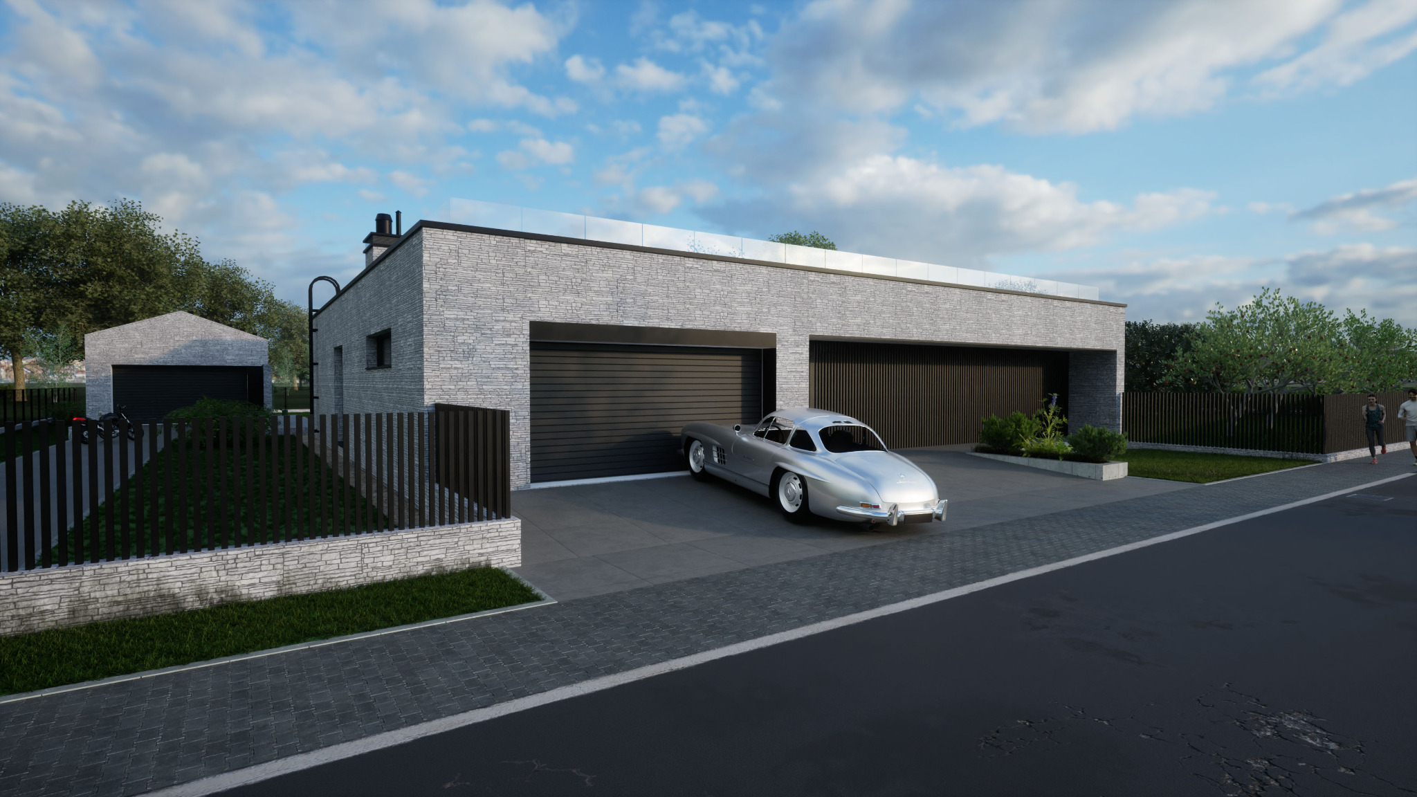 Wizualizacja nowoczesnego domu z garażem na dwa samochody, wykończonego szarą cegłą, z zaparkowanym klasycznym srebrnym Mercedesem 300SL Gullwing na podjeździe.
