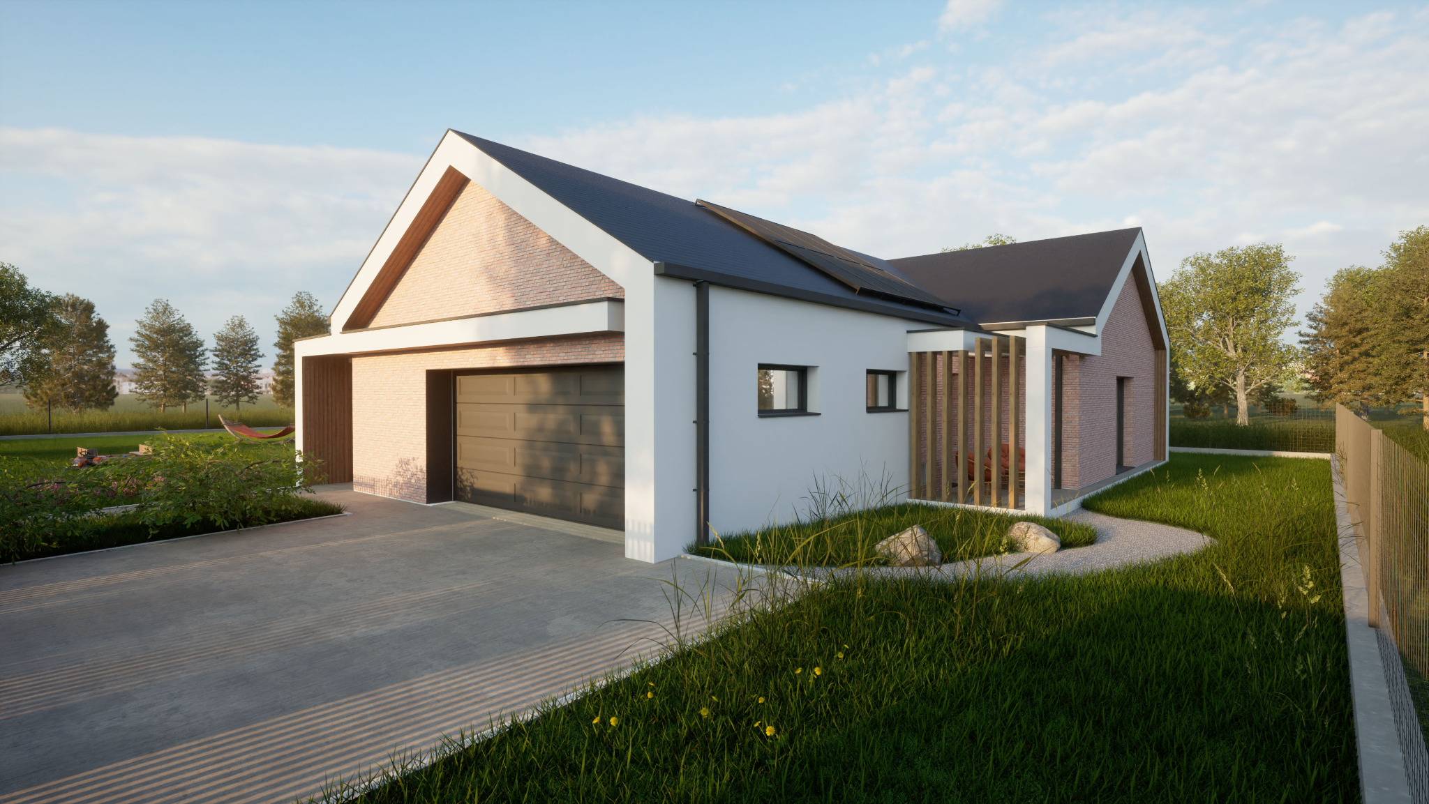 Wizualizacja domu jednorodzinnego z garażem, elewacja z białego tynku i cegły, czarny dach z panelami słonecznymi, otoczenie z trawnikiem i hamakiem w ogrodzie.
