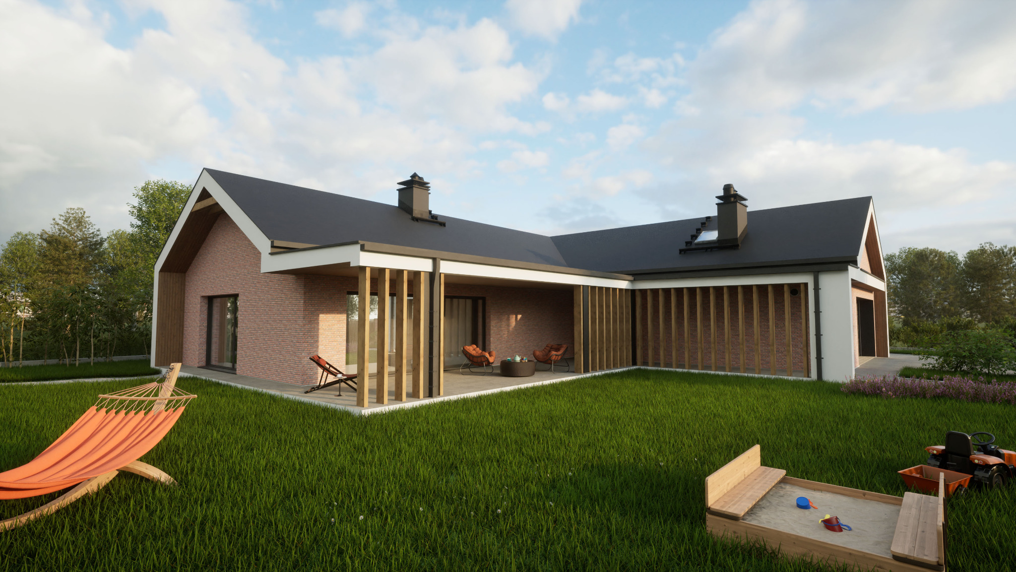Wizualizacja nowoczesnego domu jednorodzinnego z ceglaną elewacją, tarasem z drewnianymi przesłonami, hamakiem i piaskownicą na trawniku.