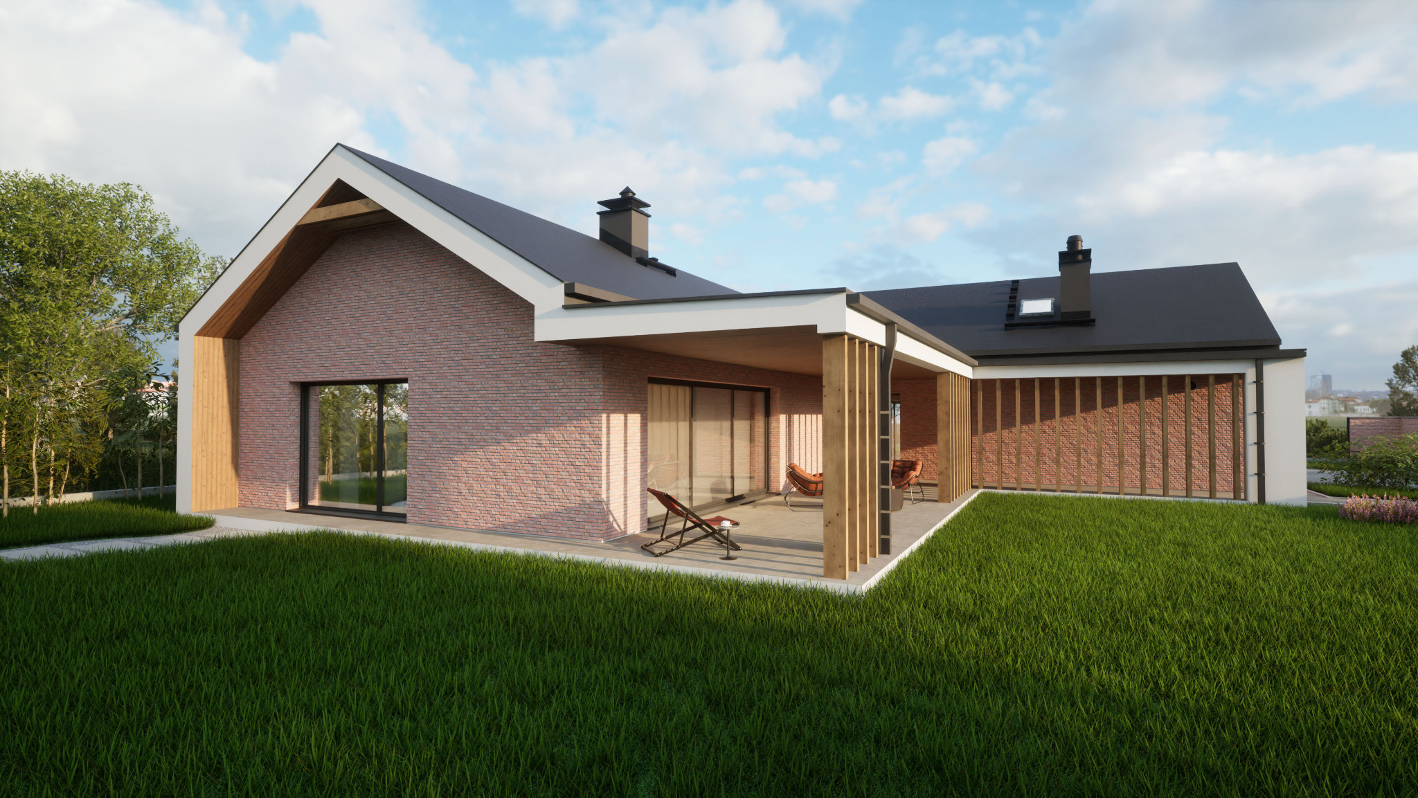 Wizualizacja domu jednorodzinnego z ceglaną elewacją, drewnianymi elementami i zadaszonym tarasem z meblami ogrodowymi, otoczonego zielonym trawnikiem pod błękitnym niebem.