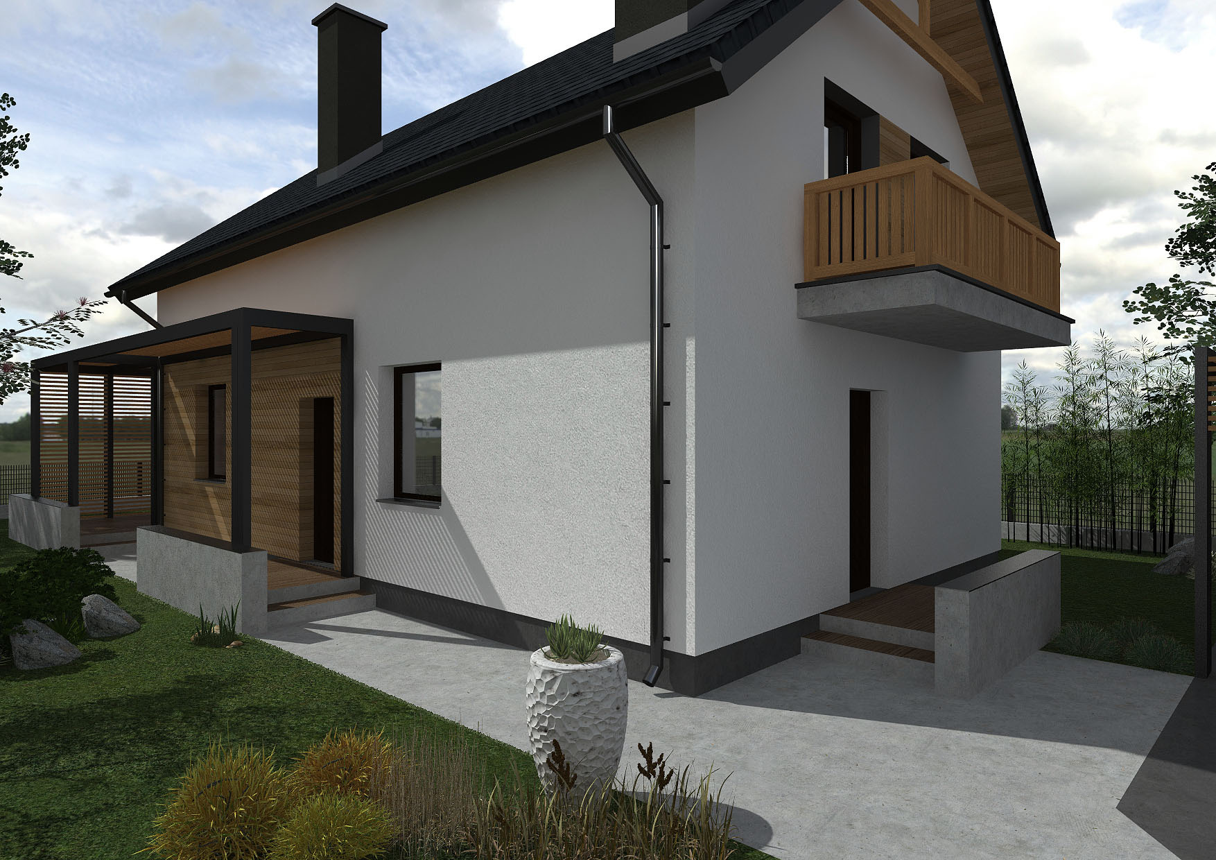 Wizualizacja domu jednorodzinnego z balkonem i zadaszonym tarasem, biała elewacja z czarnymi akcentami, nowoczesna architektura.
