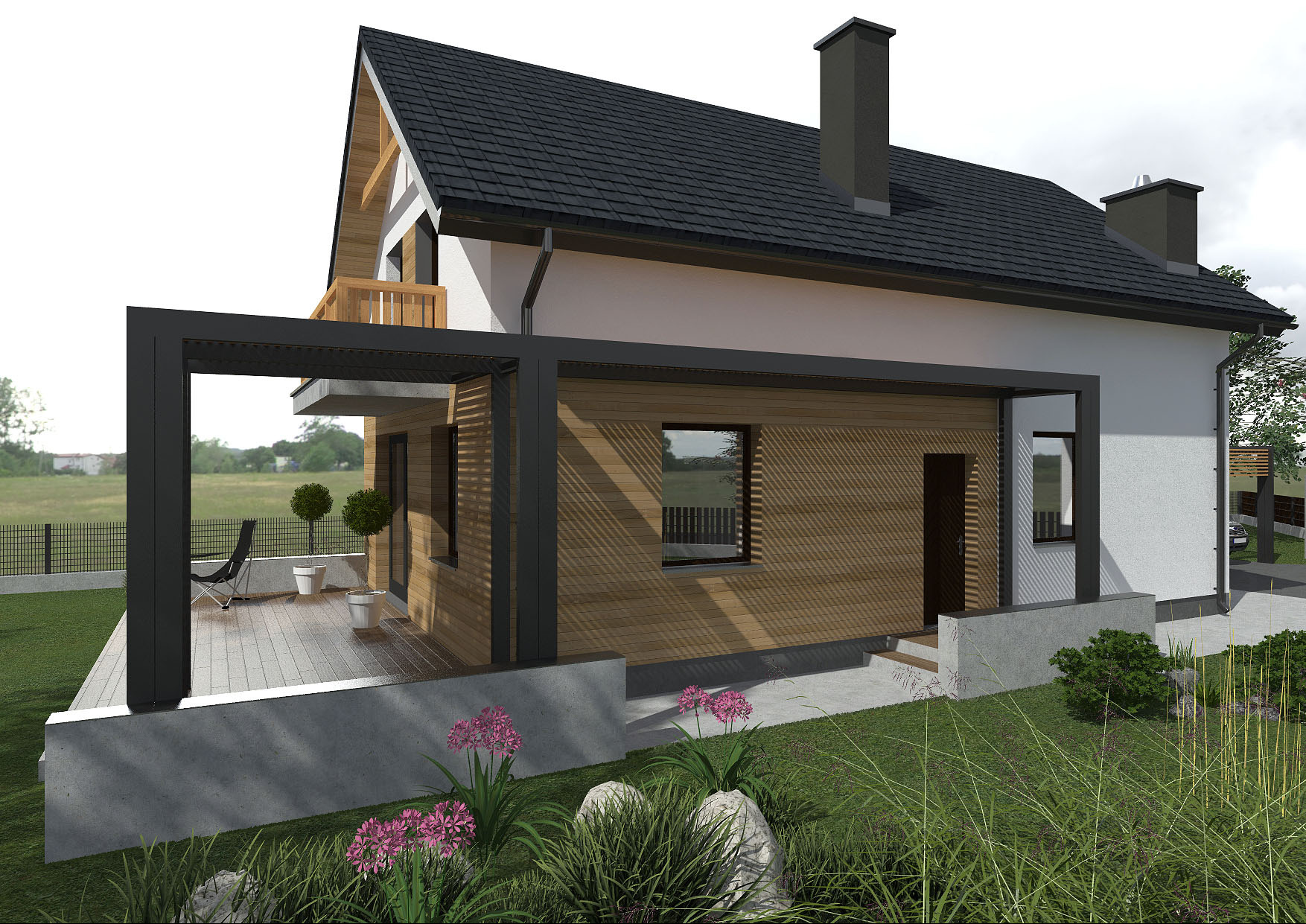 Wizualizacja domu jednorodzinnego z drewnianą elewacją, pergolą nad tarasem i zadbanym ogrodem z kwitnącymi agapantami na pierwszym planie.