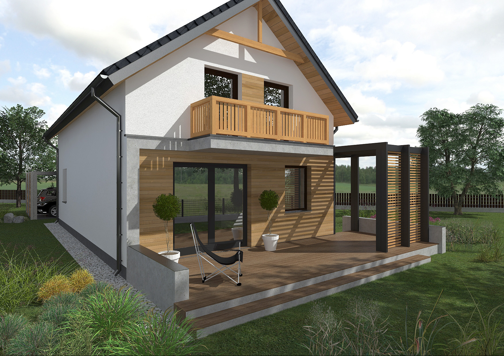 Wizualizacja domu jednorodzinnego z drewnianą elewacją, balkonem z balustradą i tarasem z pergolą, otoczonego zielenią.