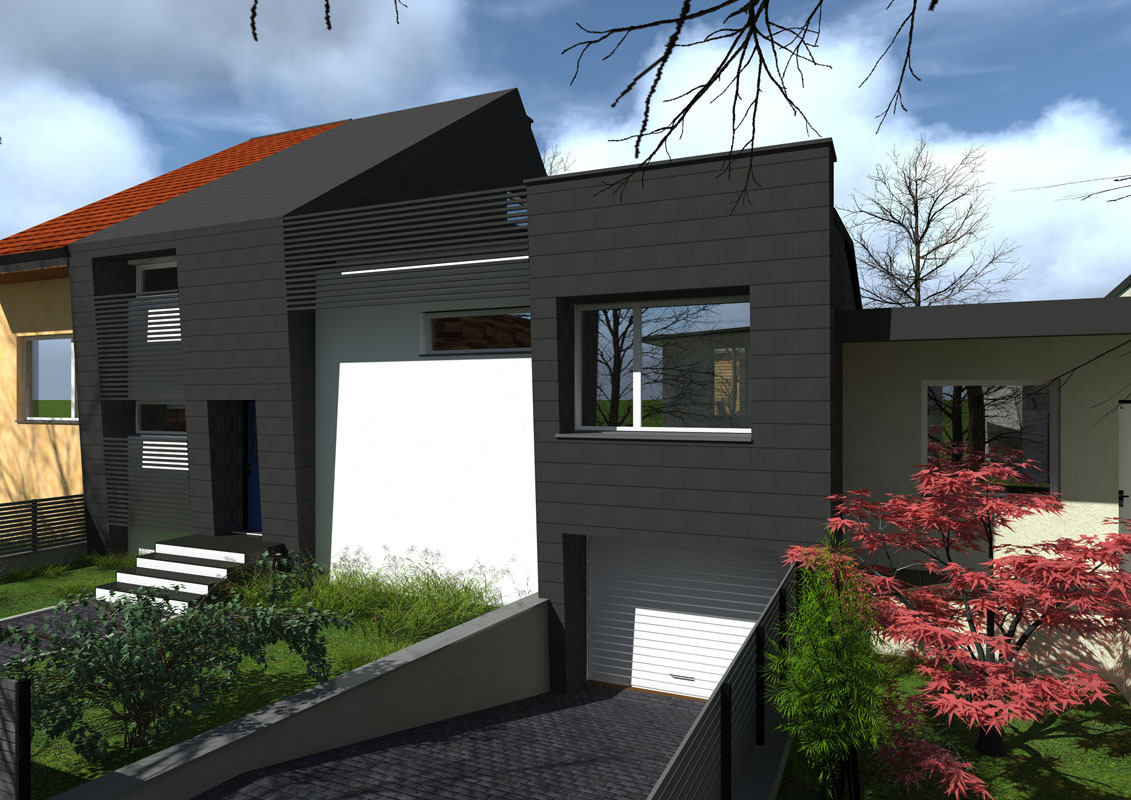 Wizualizacja dwukondygnacyjnego domu z garażem, o nowoczesnej architekturze, z elementami szarej elewacji imitującej drewno, białym panelem elewacyjnym i schodami wejściowymi.