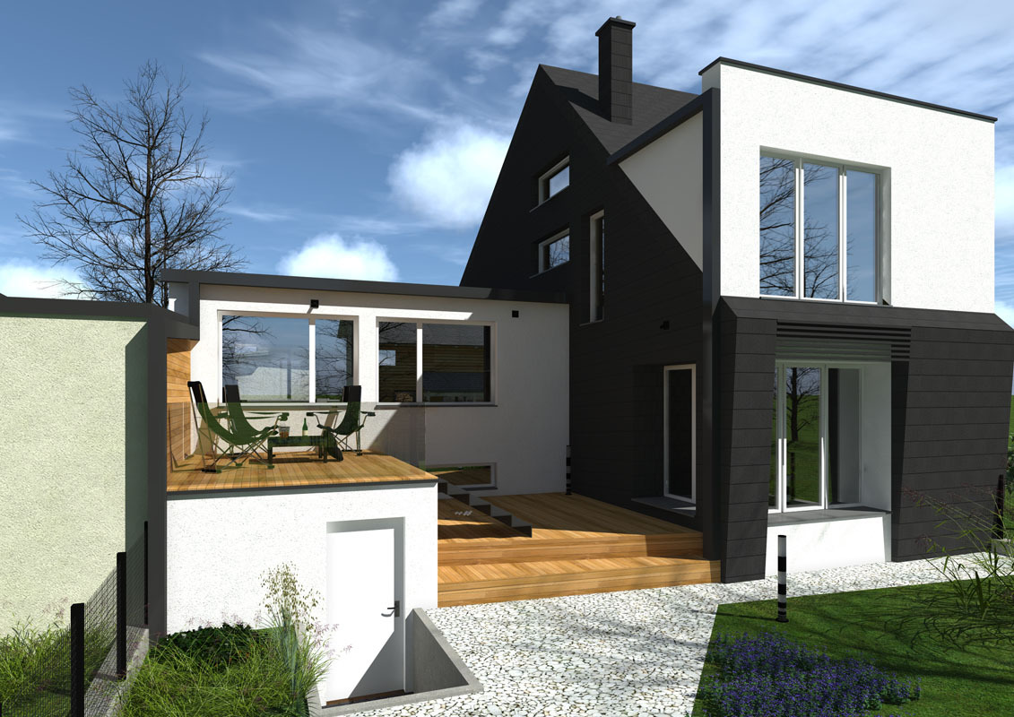 Wizualizacja zewnętrzna nowoczesnego domu z czarno-białą elewacją, tarasem z zielonymi krzesłami i stołem oraz zejściem do piwnicy.