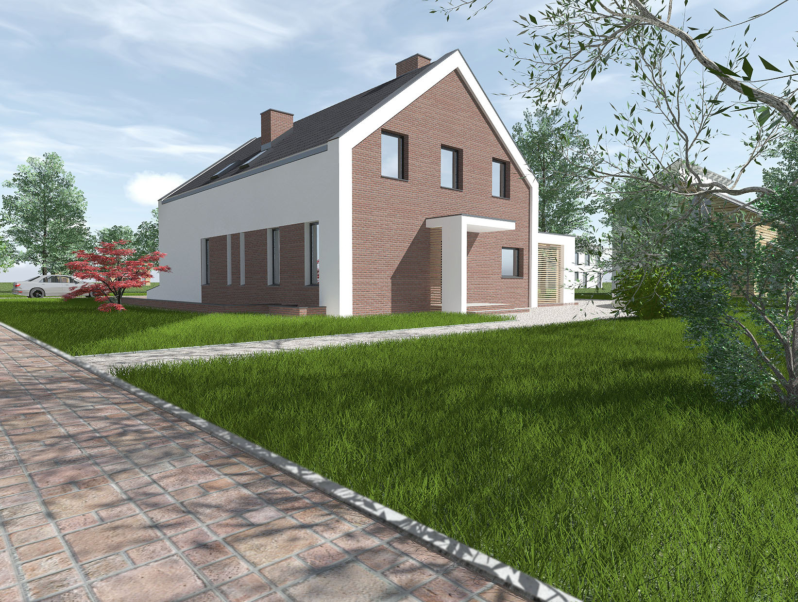 Wizualizacja domu jednorodzinnego z dwuspadowym dachem, elewacją z czerwonej cegły i białymi elementami, otoczonego zielonym trawnikiem i drzewami, widziana z perspektywy ścieżki z kostki brukowej.