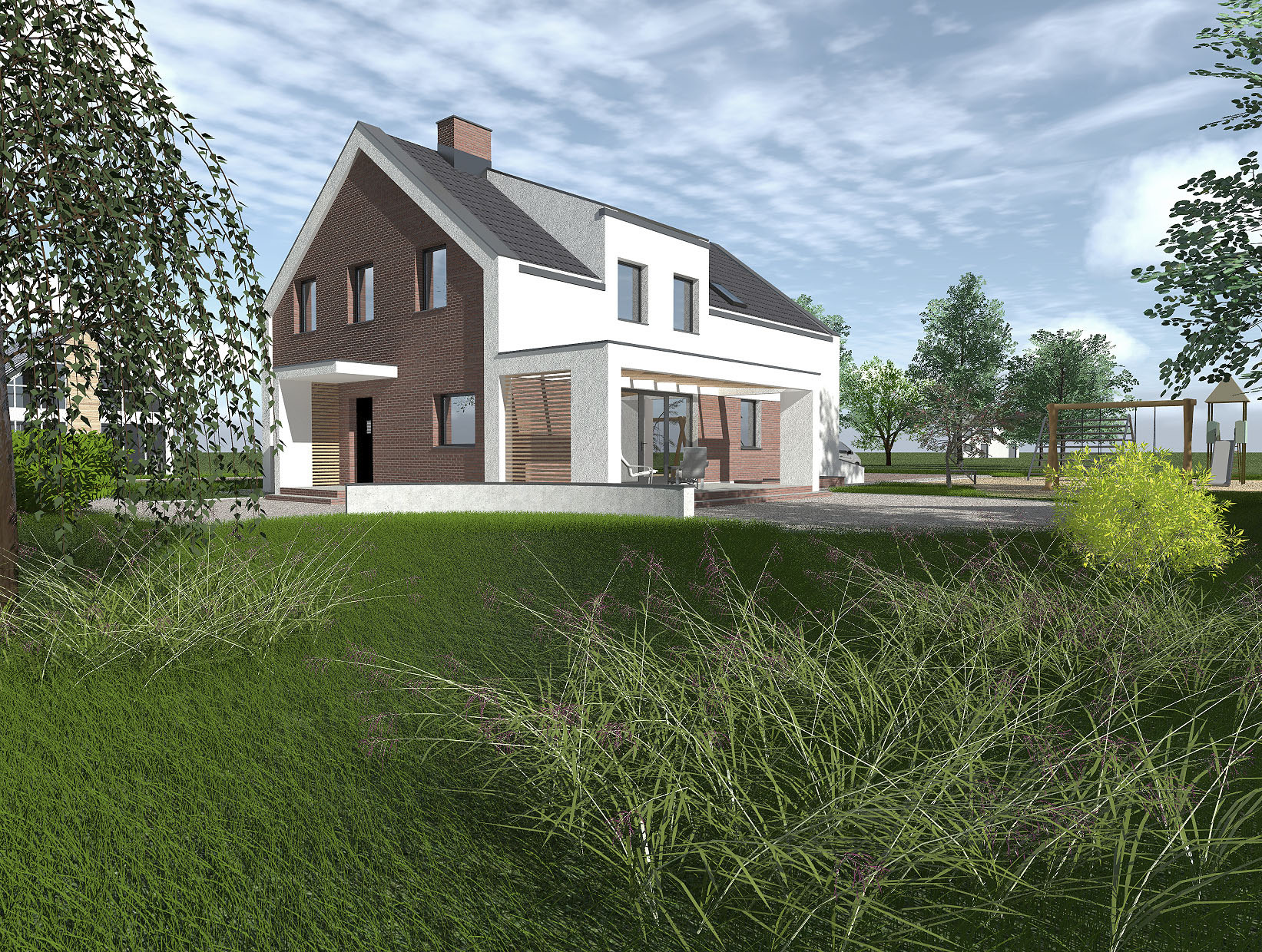 Wizualizacja domu jednorodzinnego z dwuspadowym dachem, wykończonego cegłą klinkierową i białym tynkiem, z widocznym ogrodem i placem zabaw w tle.